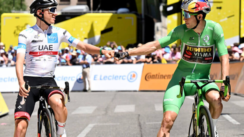 Pogacar Tadej and Wout Van Aert shaking hands at the TDF finish line