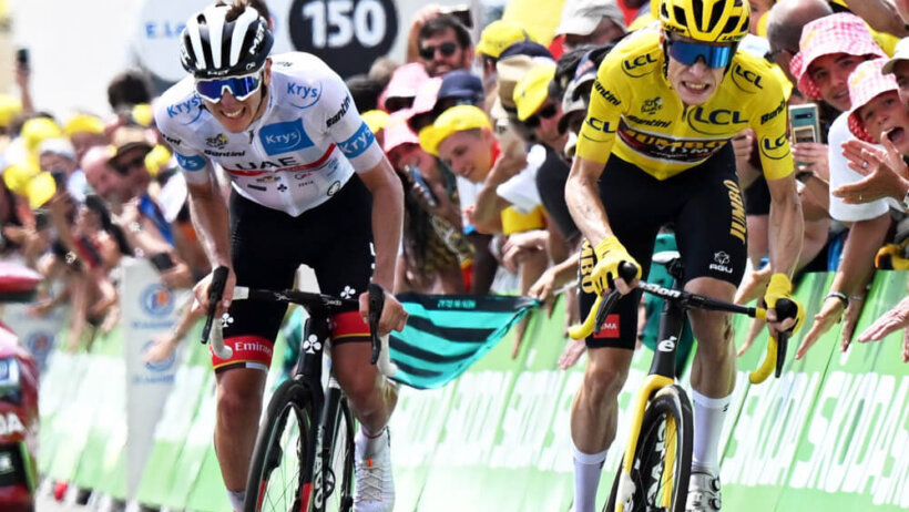 Tadej Pogacar and Jonas Vingegaard battling to the finish line at the Tour de France