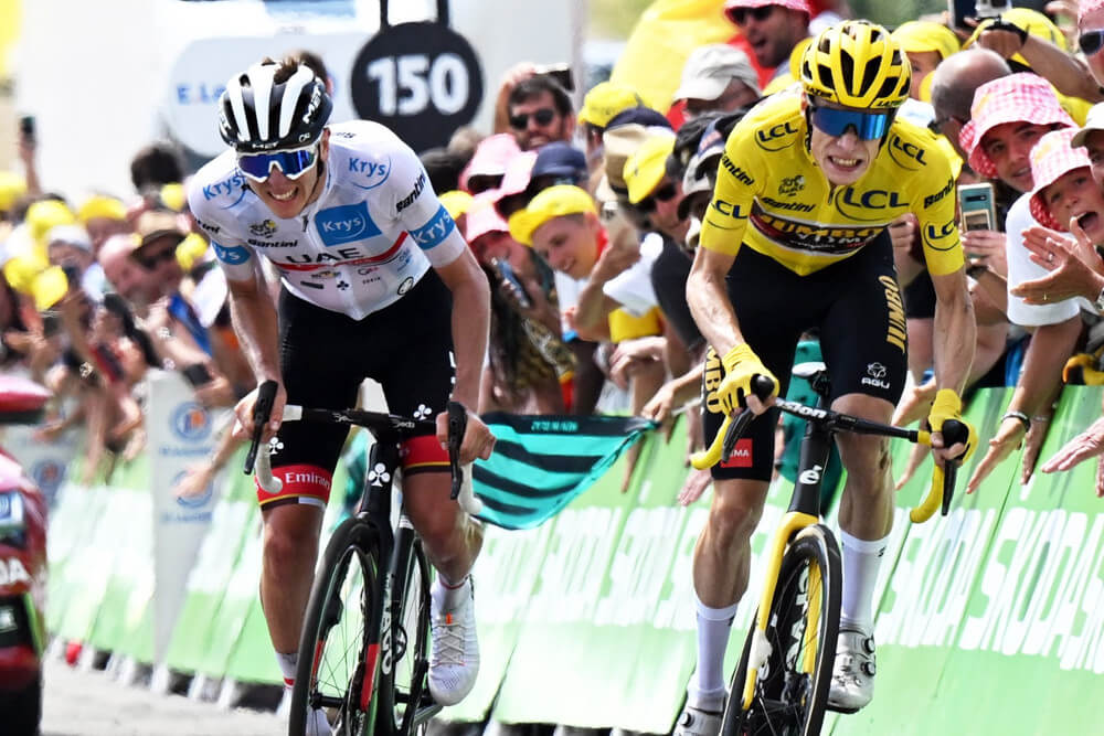 Tadej Pogacar and Jonas Vingegaard battling to the finish line at the Tour de France