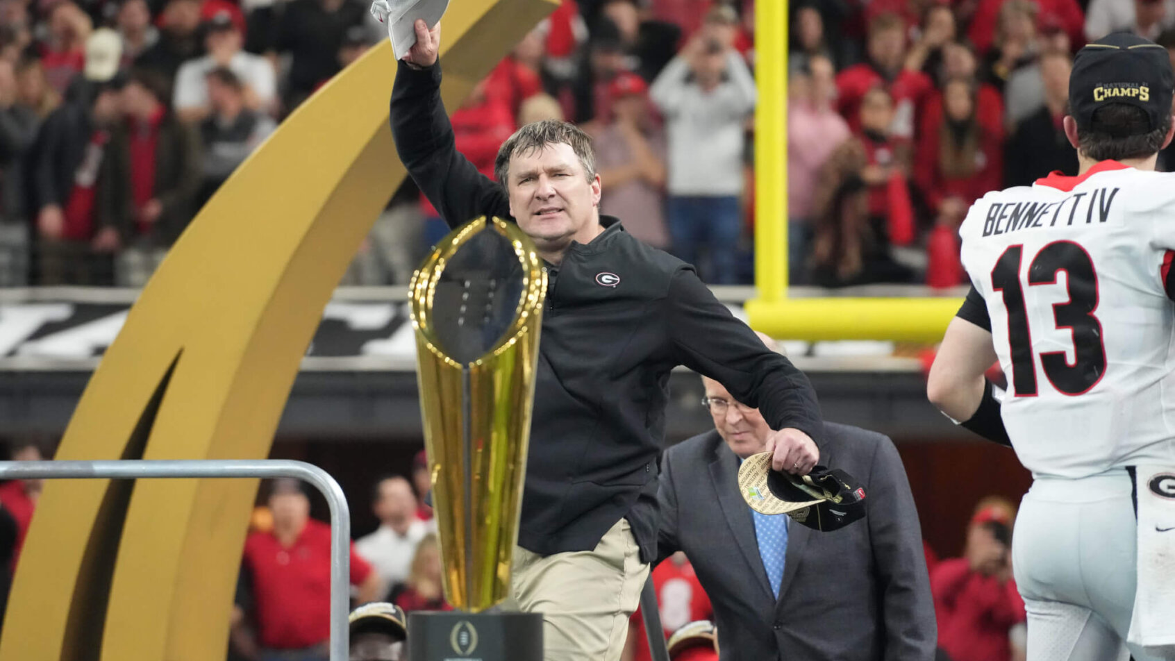 Georgia Bulldogs head coach Kirby Smart celebrates winning College Football Playoff