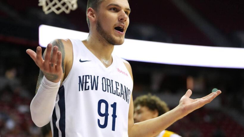 New Orleans Pelicans forward Deividas Sirvydis gestures to the ref during 2024 NBA Summer League