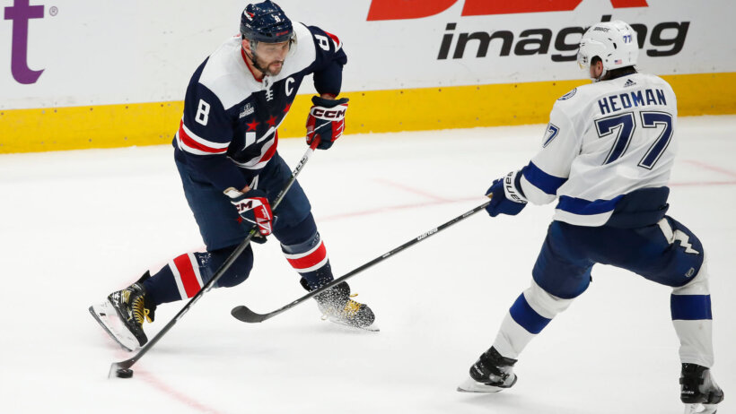 Alex Ovechkin of the Washington Captials and Victor Hedman of the Tampa Bay Lightning