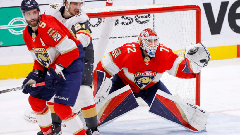 Florida Panthers goaltender Sergei Bobrovsky makes a save against the Vegas Golden Knights