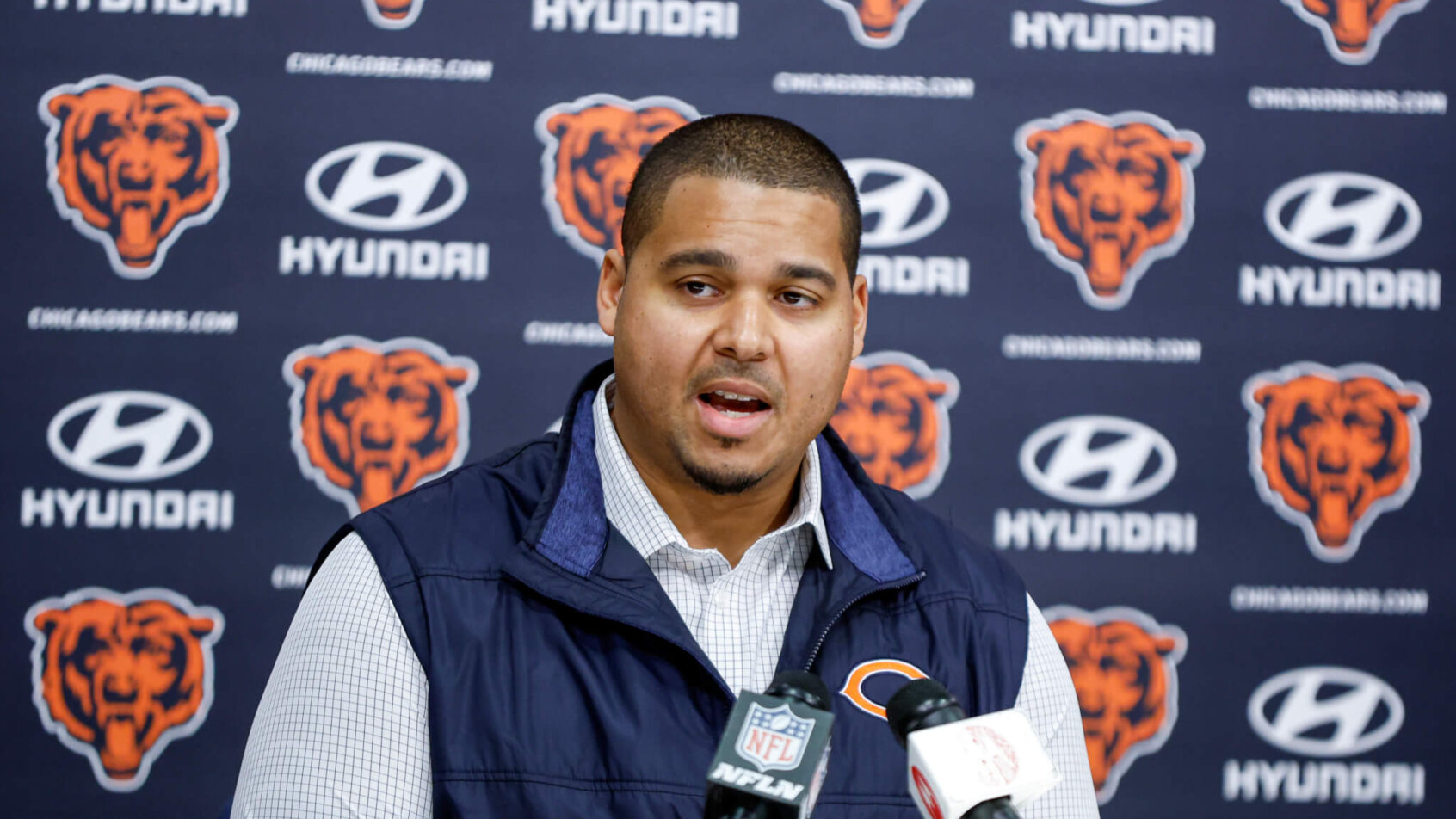 ke Forest, IL, USA; Chicago Bears general manager Ryan Poles speaks during a press conference
