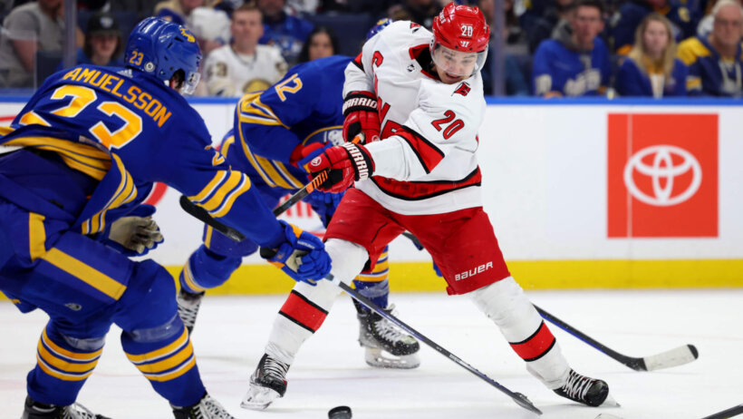 Carolina Hurricanes center Sebastian Aho takes a shot on goal during the third period against the Buffalo Sabres