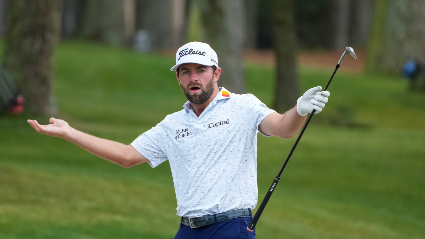 Cameron Young reacts to his bunker shot at the RBC Heritage