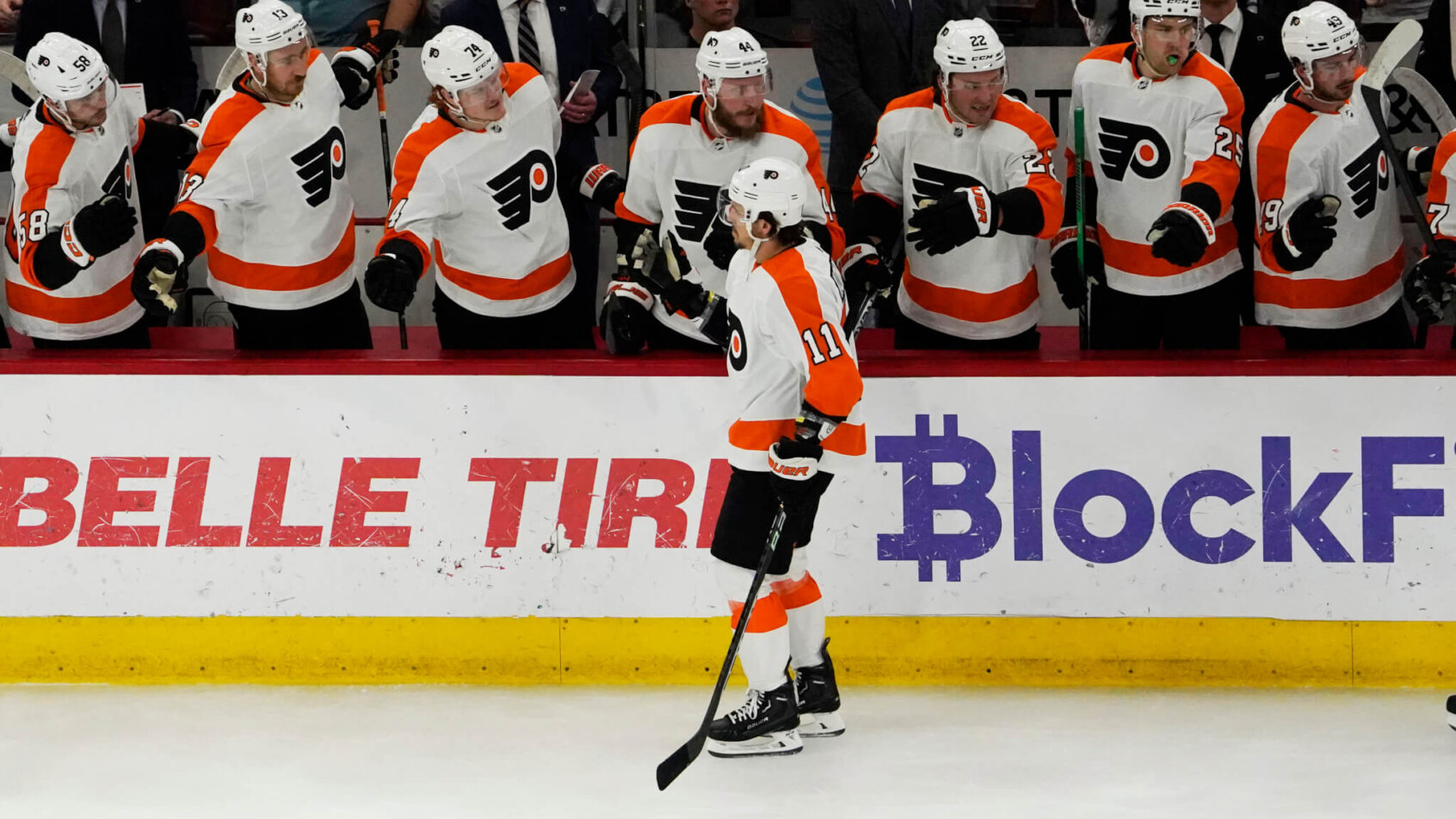 Philadelphia Flyers right wing Travis Konecny celebrates his goal against the Chicago Blackhawks