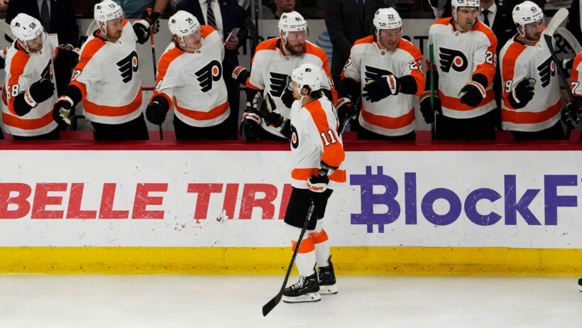 Philadelphia Flyers right wing Travis Konecny celebrates his goal against the Chicago Blackhawks