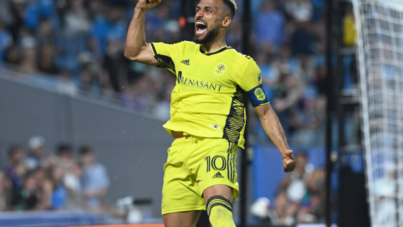 Nashville SC midfielder Hany Mukhtar (10) celebrates his goal