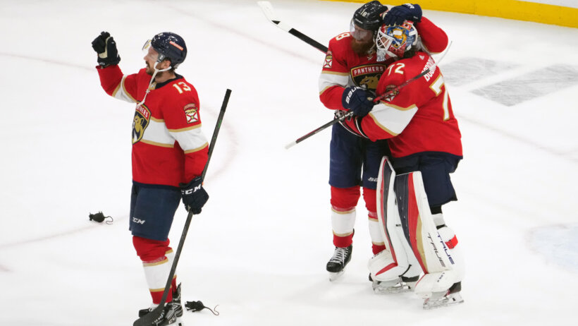 Florida Panthers celebrate victory over the Carolina Hurricanes with goalie Sergei Bobrovsky