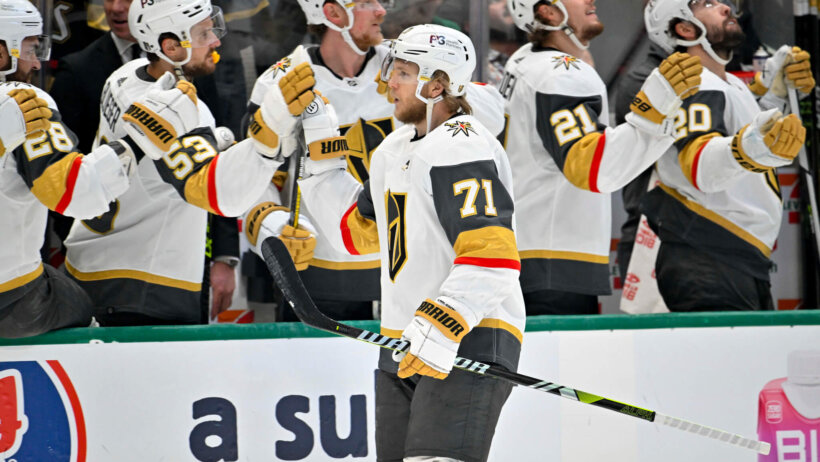The Vegas Golden Knights team bench celebrates a goal scored by center William Karlsson