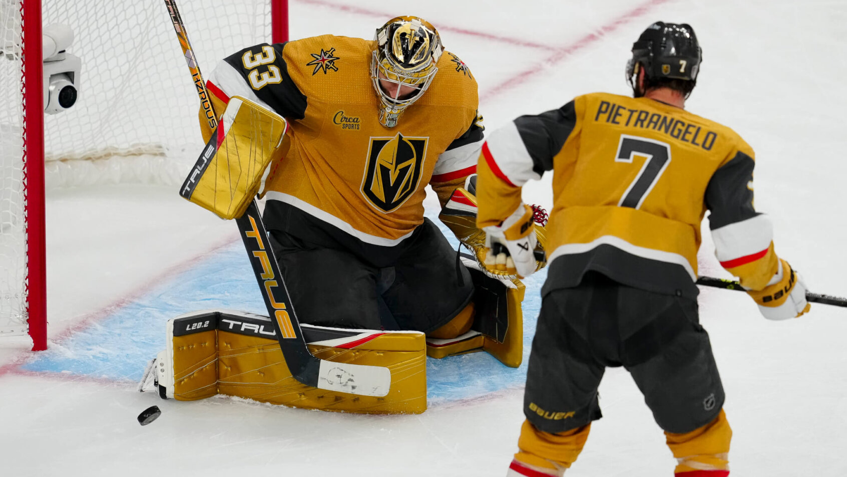 Vegas Golden Knights goaltender Adin Hill makes a save on a Dallas Stars shot