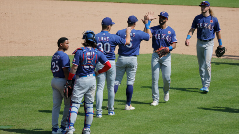Texas Rangers players celebrating a win