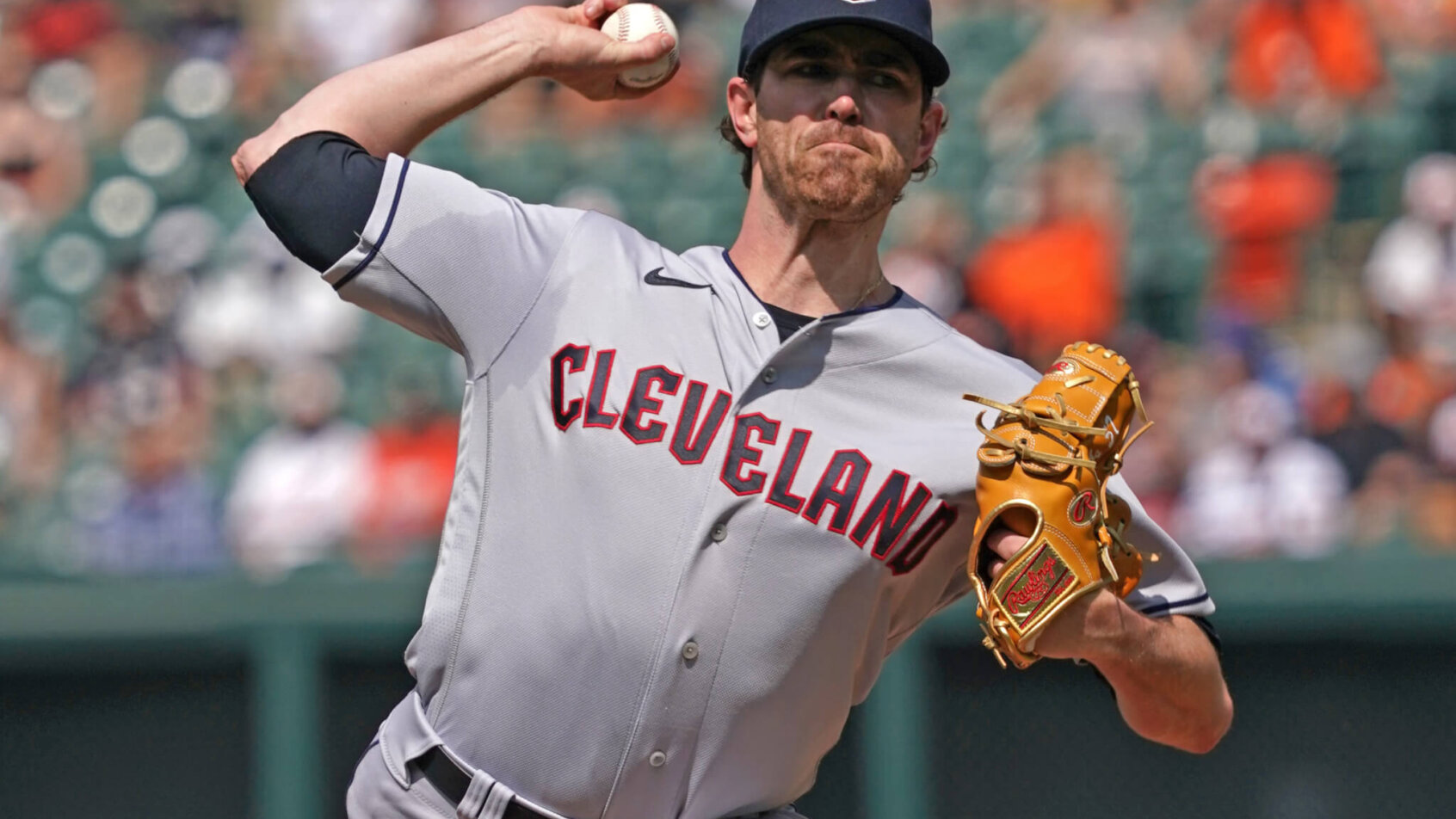 Cleveland Guardians pitcher Shane Bieber delivering to home plate