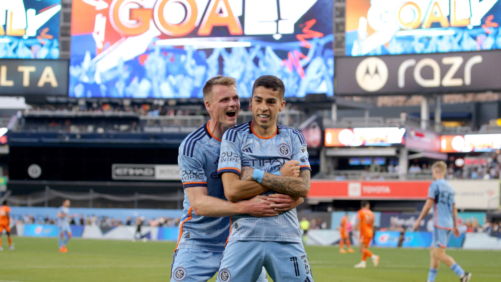 New York City FC midfielder Gabriel Pereira (11) celebrates a goal against FC Cincinnati.