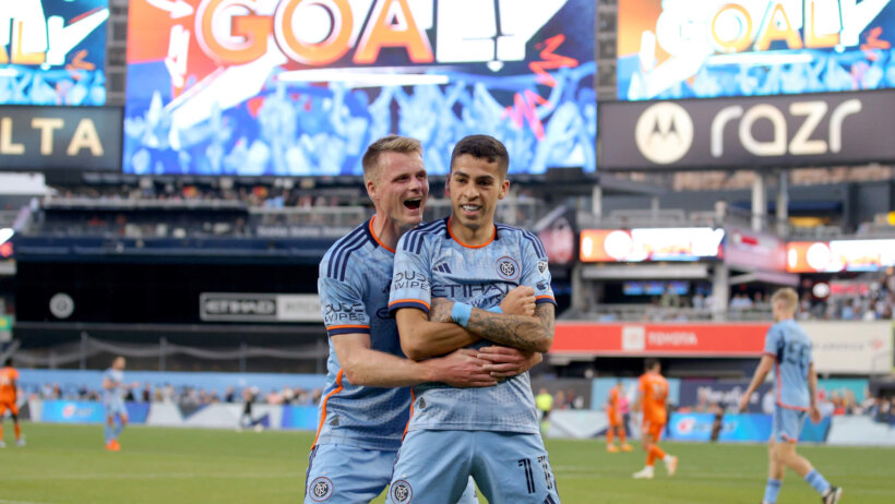 New York City FC midfielder Gabriel Pereira (11) celebrates a goal against FC Cincinnati.
