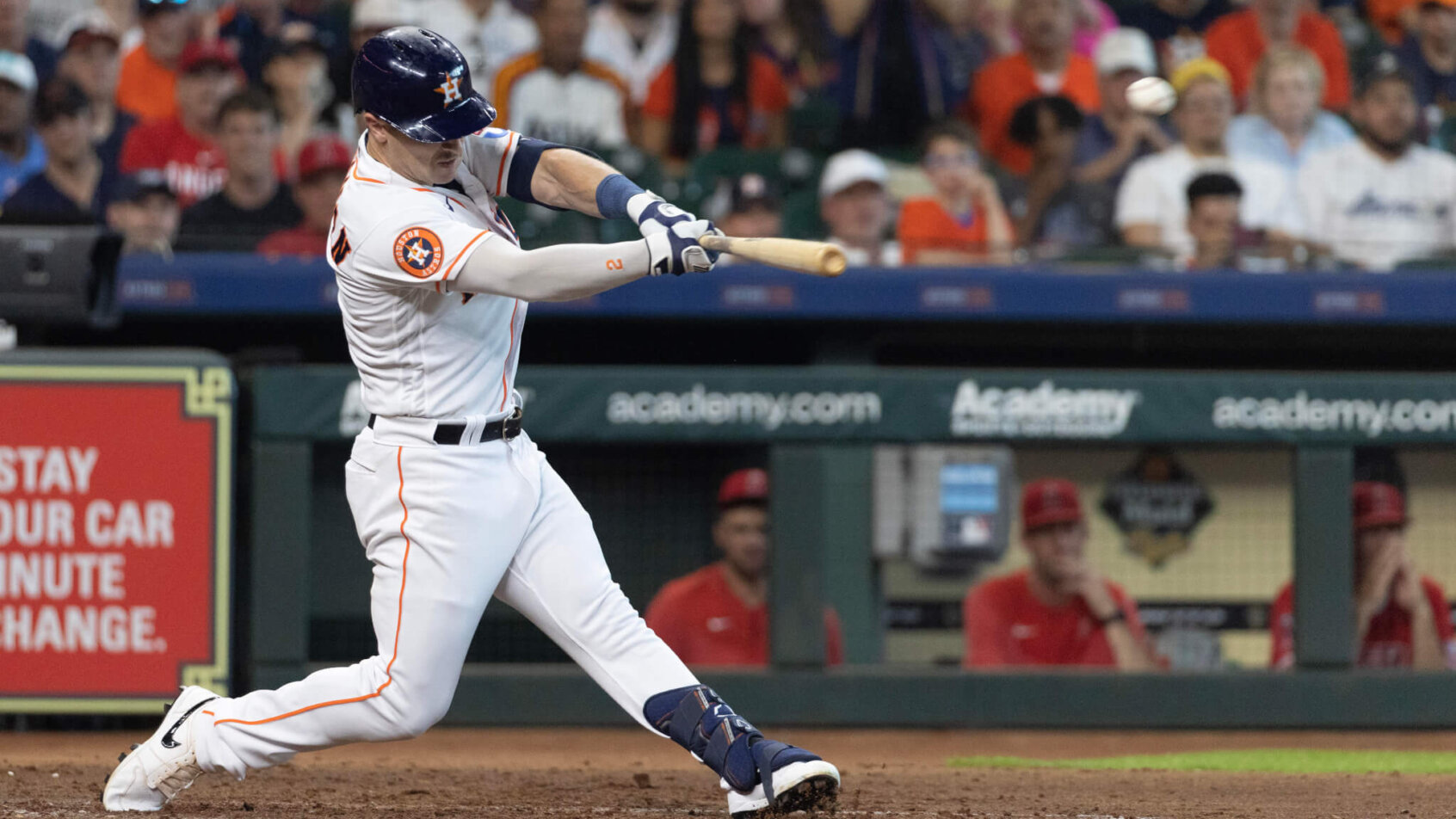 Houston Astros third baseman Alex Bregman at the plate swinging