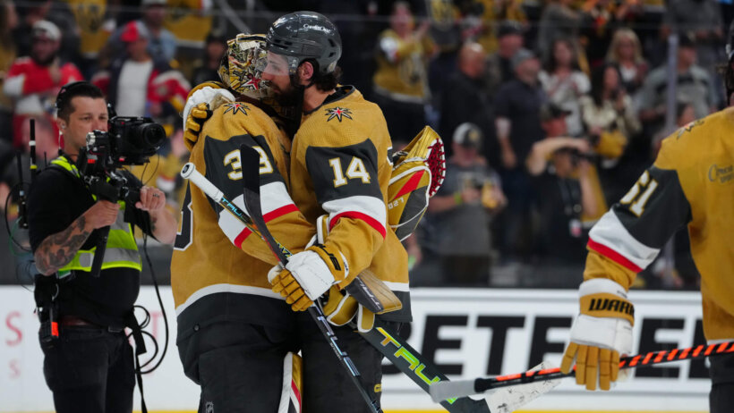 Vegas Golden Knights celebrating during the Stanley Cup Finals.