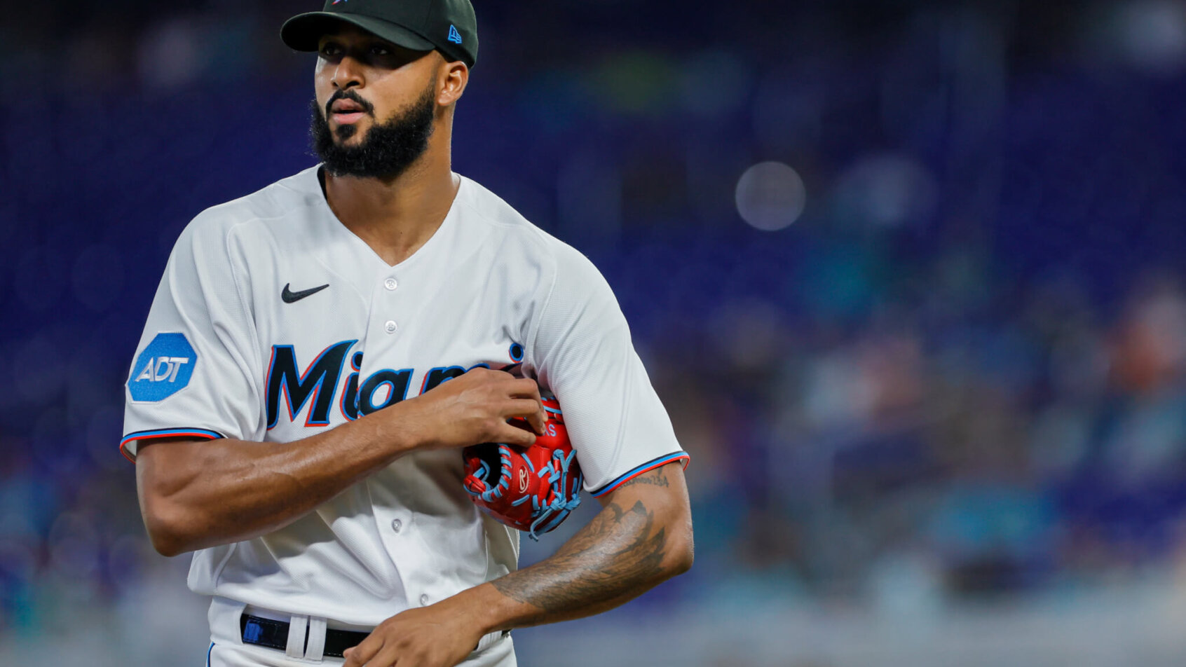 Miami Marlins starting pitcher Sandy Alcantara walking off the mound