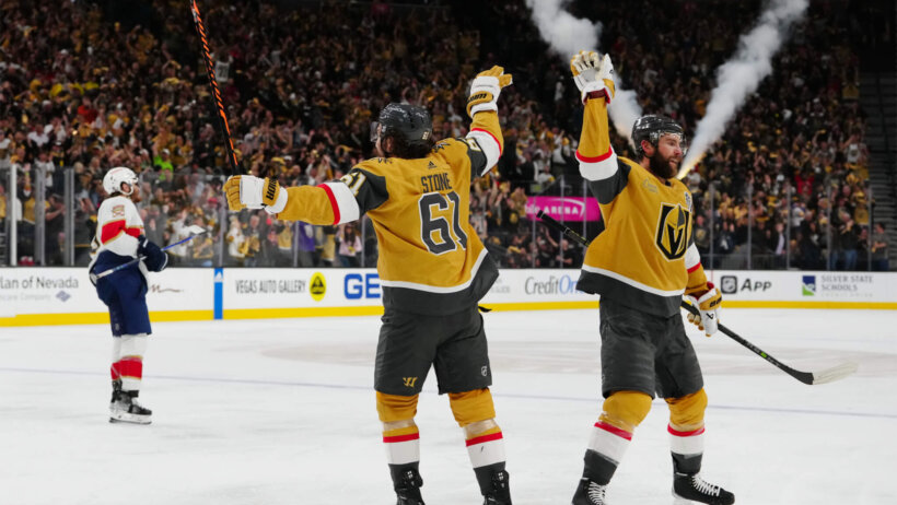 Vegas Golden Knights right wing Mark Stone and center Nicolas Roy celebrate a goal against Florida Panthers