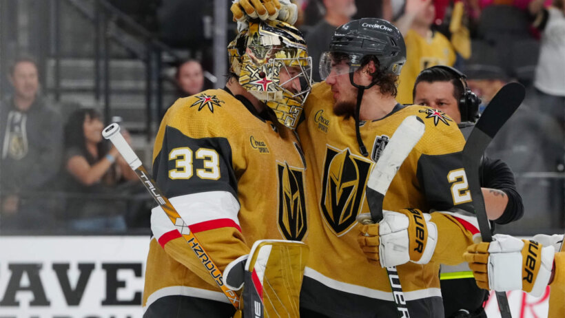 Vegas Golden Knights goaltender Adin Hill (33) celebrates.