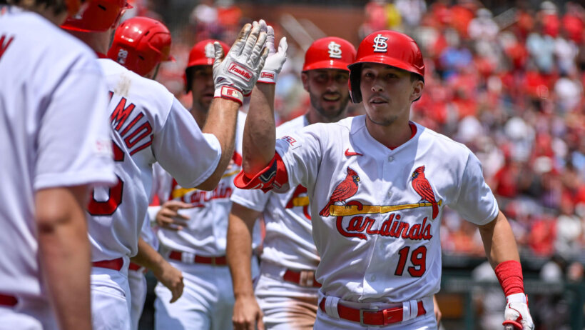 St. Louis Cardinals center fielder Tommy Edman celebrating a grand slam