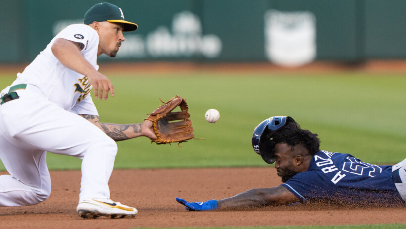 Tampa Bay Rays left fielder Randy Arozarena sliding into second base