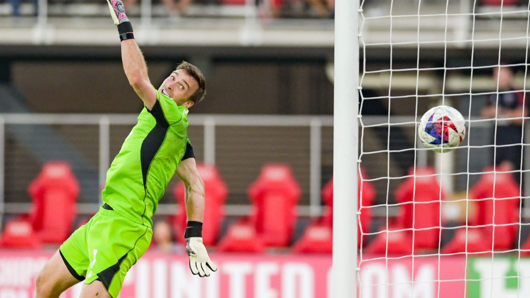 D.C. United goalkeeper Tyler Miller (1) looks at Real Salt Lake midfielder Pablo Ruiz (7) shoot in the goal