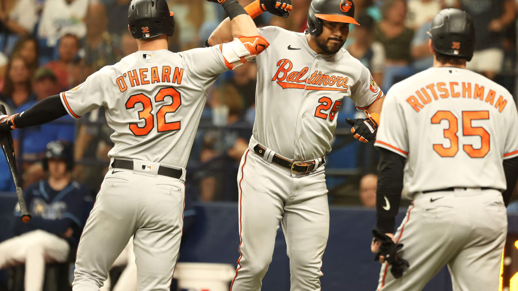Anthony Santander celebrates with Ryan O'Hearn