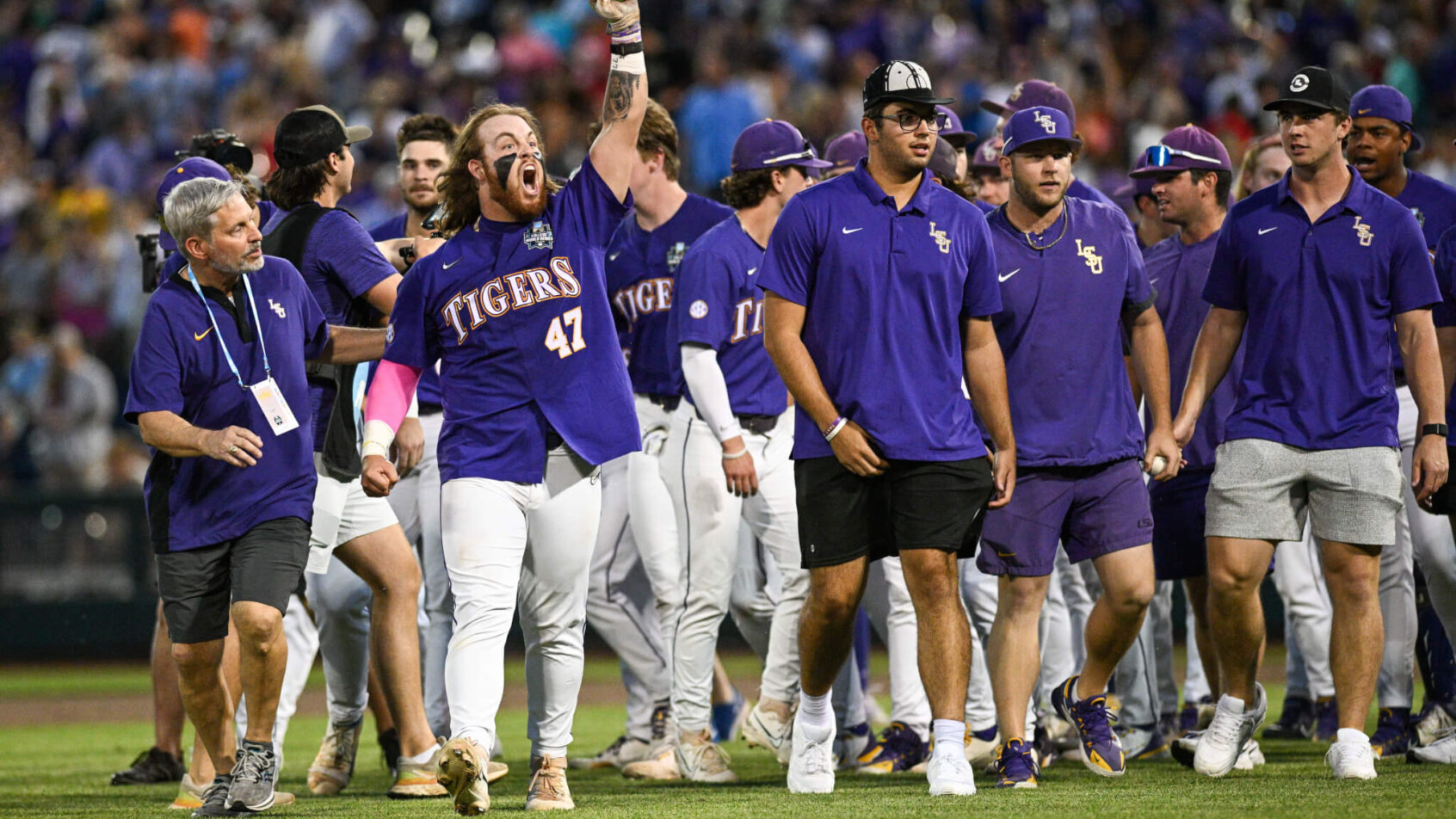 LSU celebrates advancing to the College World Series championship.