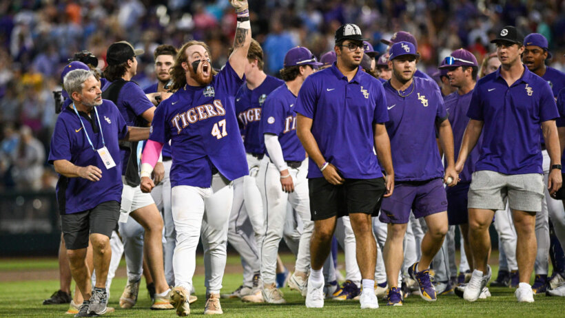 LSU celebrates advancing to the College World Series championship.
