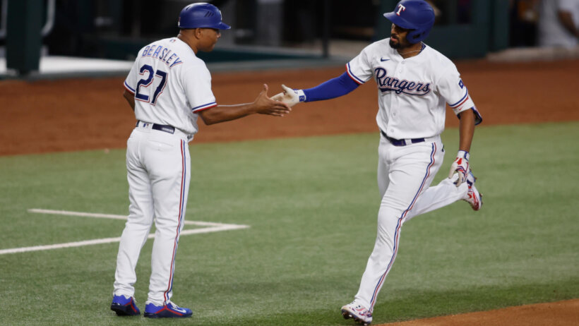Texas Rangers second baseman Marcus Semien rounding the bases