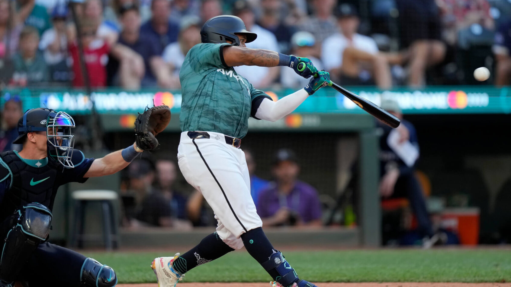 American League third baseman Jose Ramirez hitting a double at the 2023 MLB All-Star Game
