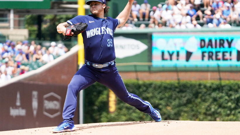 Chicago Cubs starting pitcher Justin Steele delivers to home plate