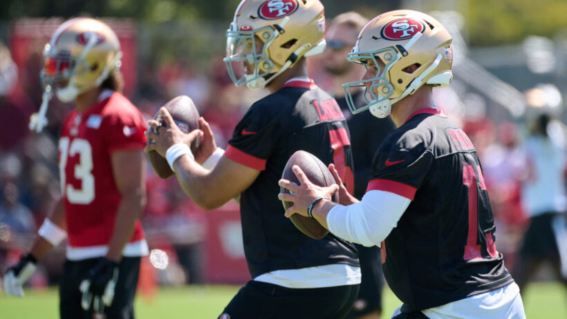 San Francisco 49ers quarterbacks Trey Lance and Brock Purdy.