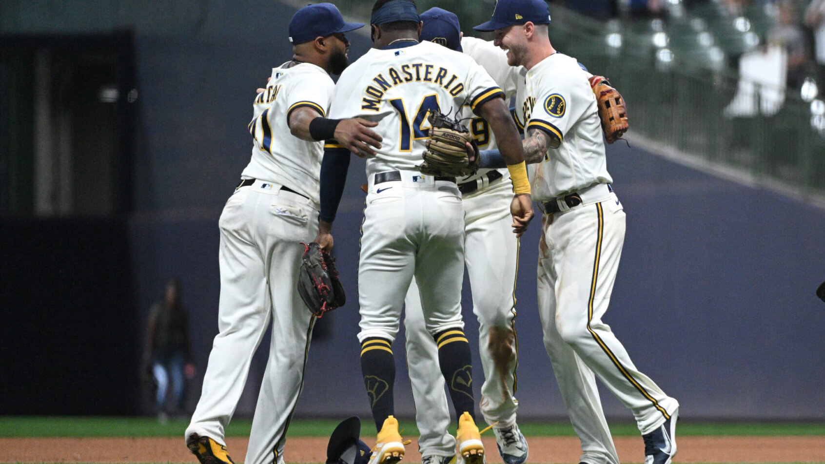 Milwaukee Brewers players celebrating a win