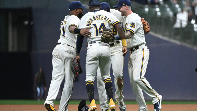 Milwaukee Brewers players celebrating a win