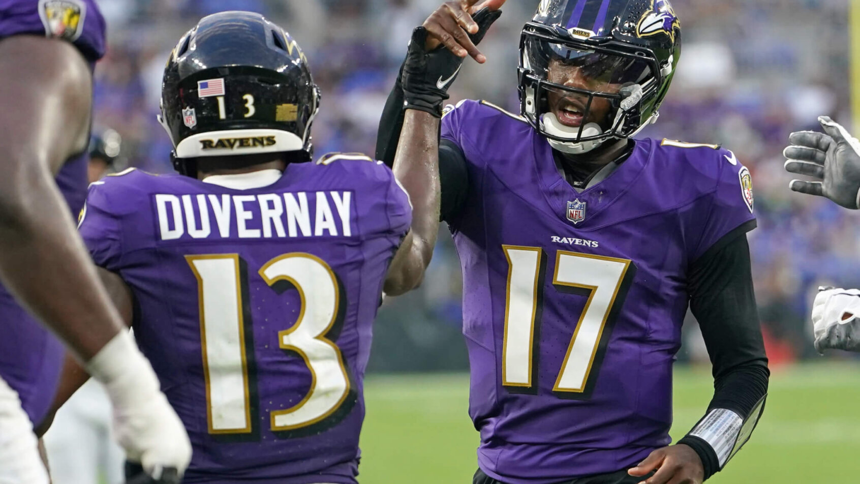 Baltimore Ravens QB Josh Johnson celebrates TD with WR Devin Duvernay