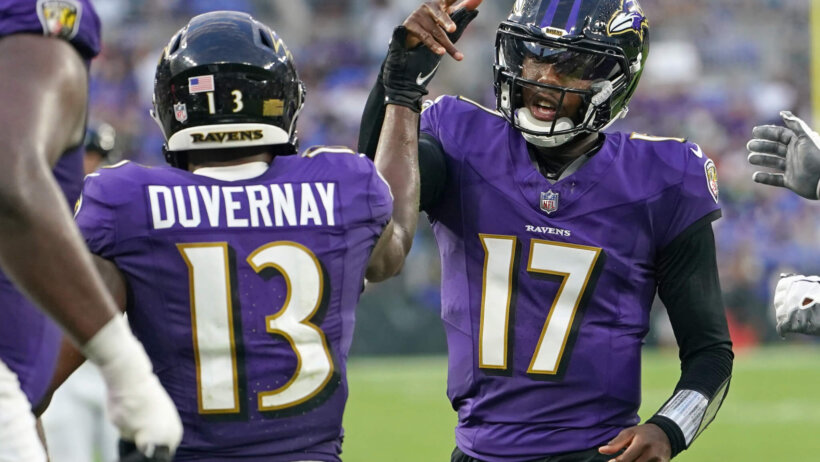 Baltimore Ravens QB Josh Johnson celebrates TD with WR Devin Duvernay