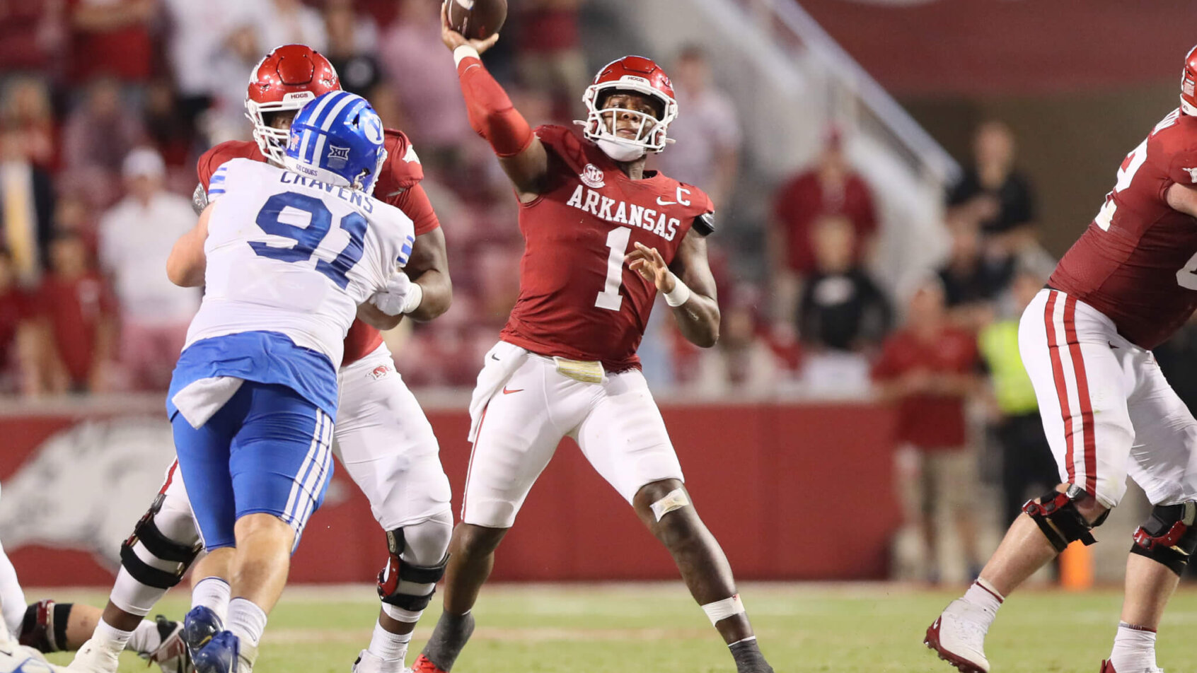 Arkansas Razorbacks quarterback KJ Jefferson passes the football
