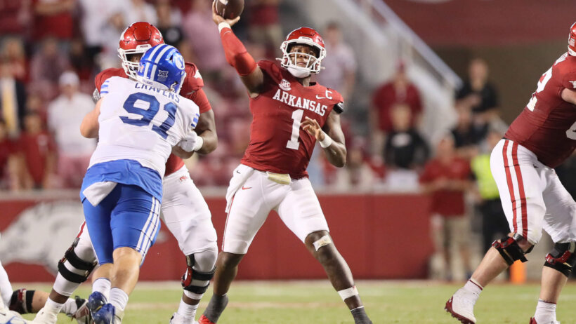 Arkansas Razorbacks quarterback KJ Jefferson passes the football