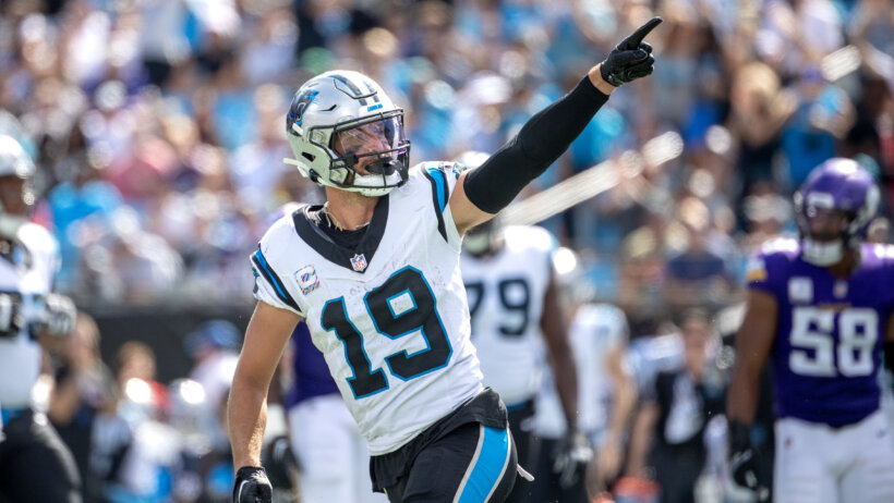 Carolina Panthers wide receiver Adam Thielen celebrates