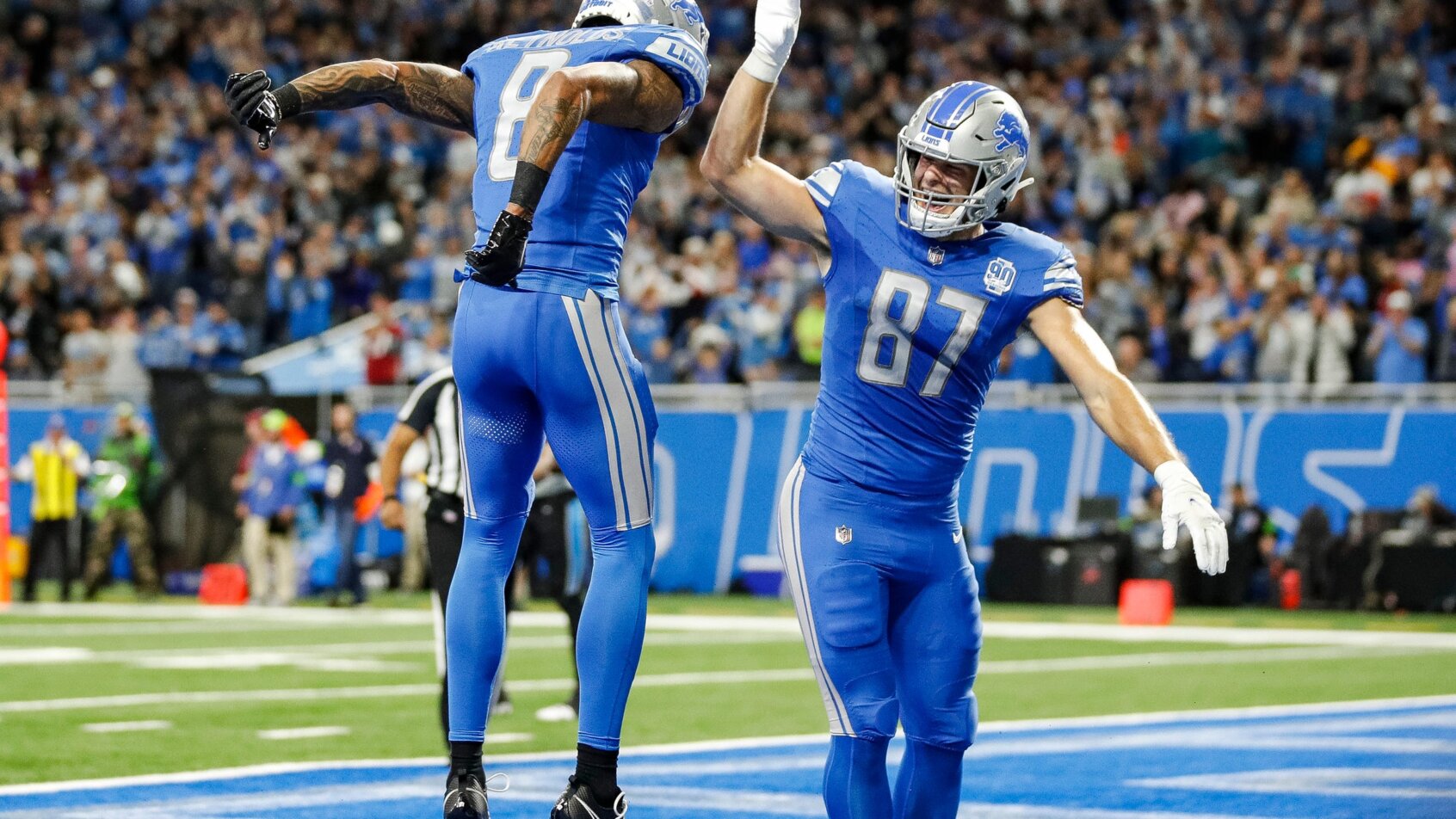 Detroit Lions tight end Sam LaPorta celebrates a touchdown