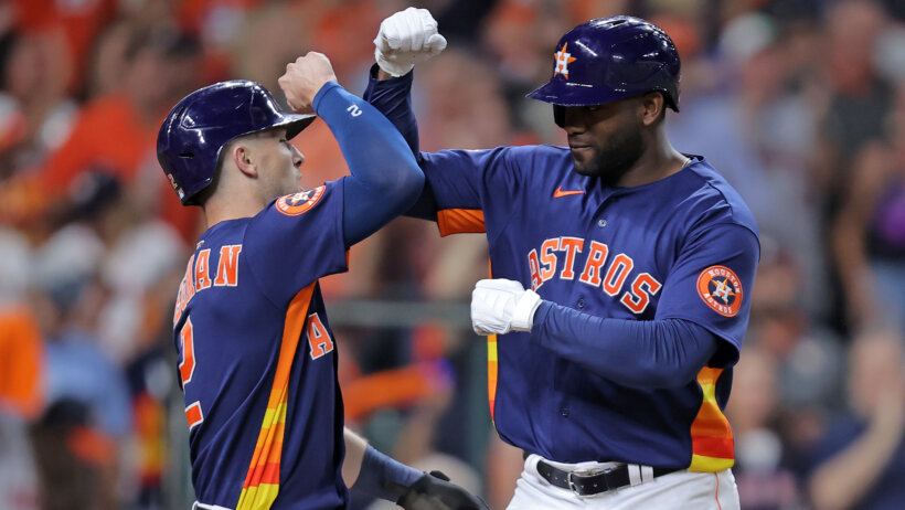 Houston Astros left fielder Yordan Alvarez celebrating a home run