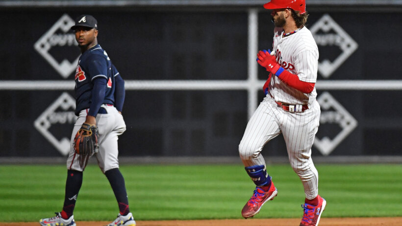 Philadelphia Phillies first baseman Bryce Harper rounding the bases after homering against the Atlanta Braves
