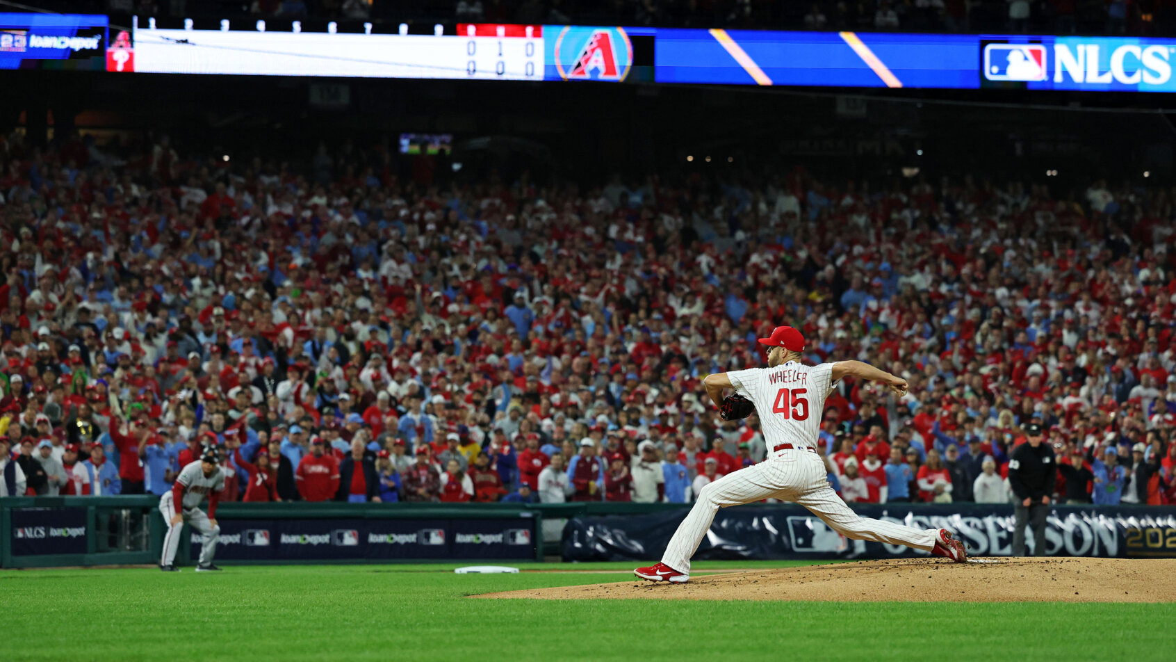 Philadelphia Phillies starting pitcher Zack Wheeler mid-delivery