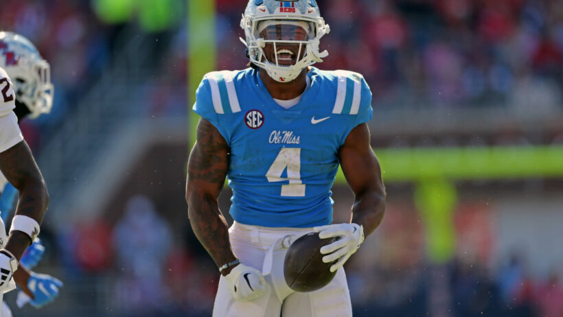 Mississippi Rebels running back Quinshon Judkins yelling