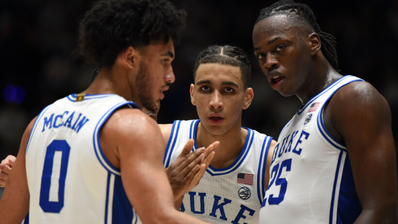 Duke Blue Devils players huddling on the court