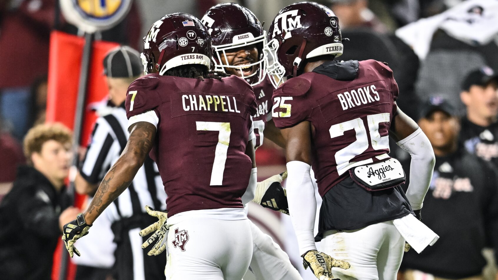Texas A&M defense celebrating against Mississippi State