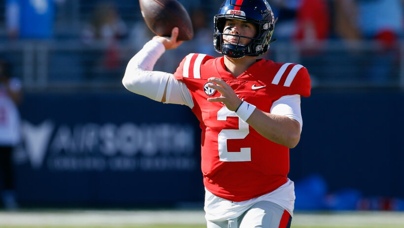 Mississippi Rebels quarterback Jaxson Dart throwing the ball